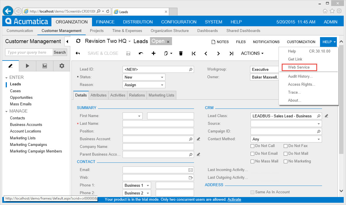 Pour obtenir la connexion de référence Web à l’application Acumatica, accédez à la page, cliquez sur Aide, puis sélectionnez le bouton Service Web