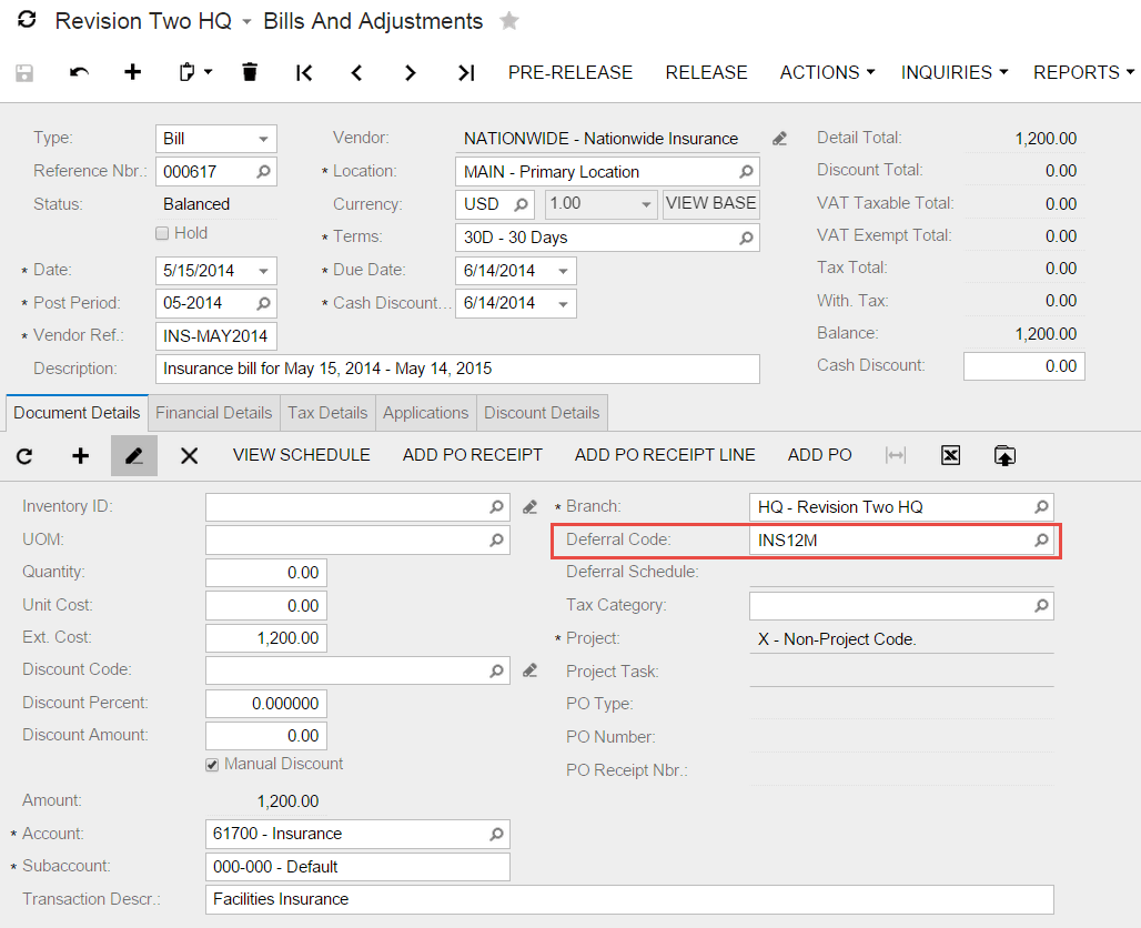 Dépenses reportées et payées d’avance dans le logiciel ERP cloud Acumatica