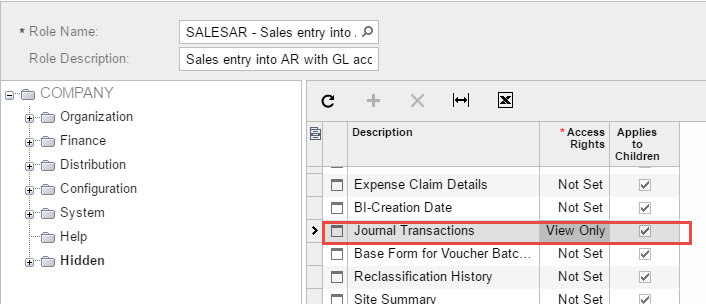 Accorder une vue seule à l’écran Transactions du journal