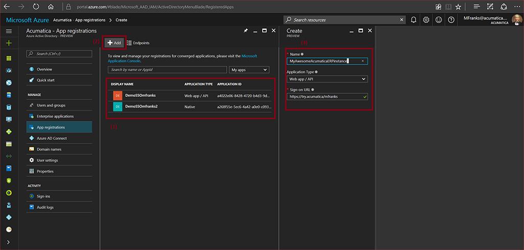 Microsoft Azure - Acumatica - Panneau d’inscription de l’application.