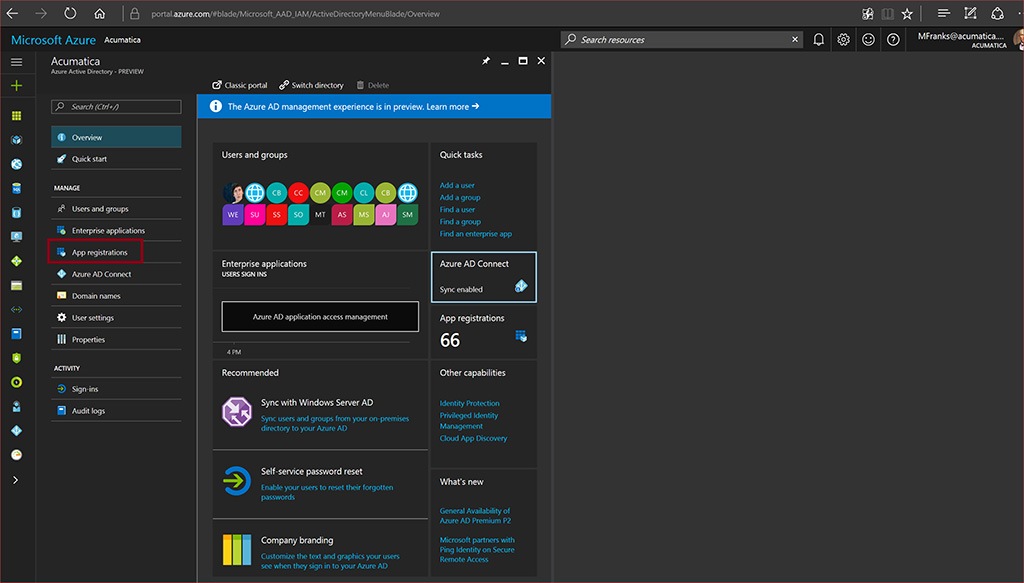 Enregistrement de l’instance Acumatica auprès d’Azure AD.