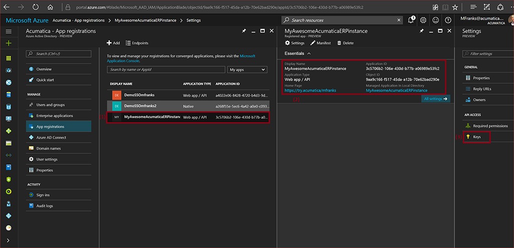 Acumatica - Enregistrement de l’application - My Awesome Acumatica ERP Instance - Paramètres