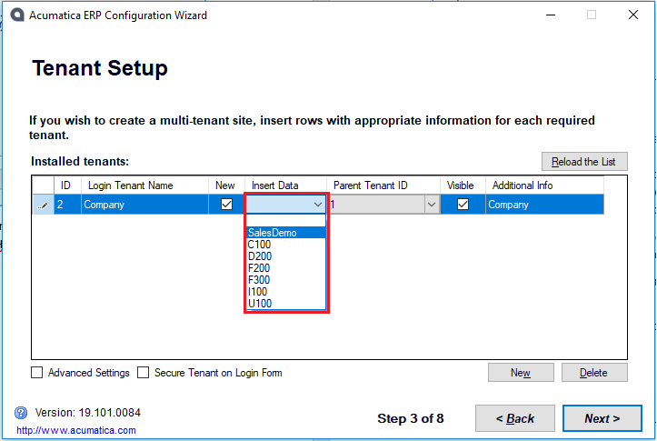 Assistant de configuration ERP Acumatica - Configuration du locataire.