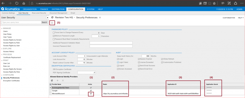 Acumatica Cloud ERP SSO Live ID Processus d’activation.