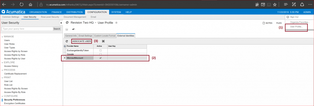 Tableau de bord Acumatica - Configuration de l’ANTS pour les comptes Live ID.