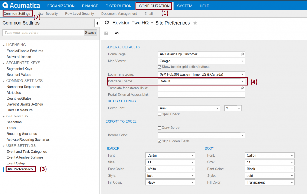  Tableau de bord Acumatica - Personnalisations d’écran de base - Apparence de l’application et frais