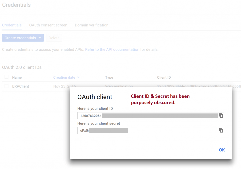 Client OAuth - L’ID du client et le secret ont été délibérément obscurcis.