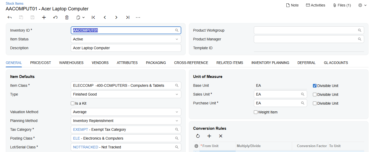 Capture d’écran de la gestion des services d’Acumatica