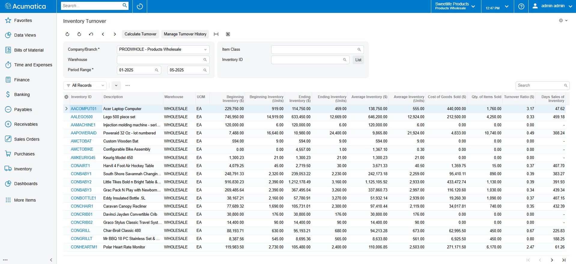 Capture d’écran du produit Acumatica pour montrer les capacités de gestion des stocks d’Acumatica par rapport à QuickBooks