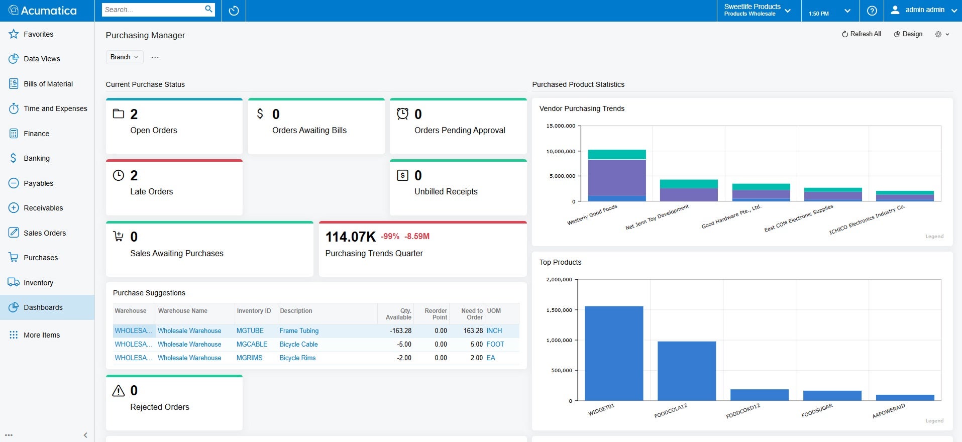 Capture d’écran du produit Acumatica pour montrer l’approvisionnement d’Acumatica par rapport à QuickBooks