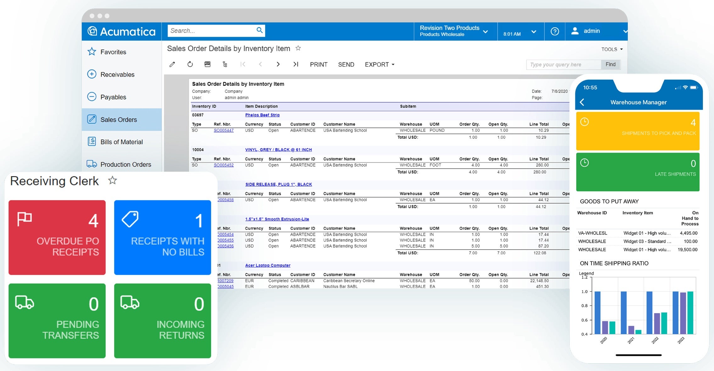 Capture d’écran du produit Acumatica pour montrer les rapports en temps réel d’Acumatica par rapport à QuickBooks