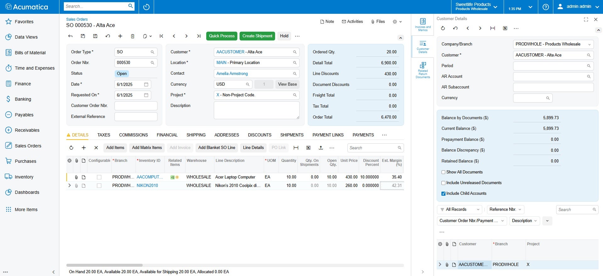 Capture d’écran du produit Acumatica pour montrer les capacités de gestion des ventes d’Acumatica par rapport à QuickBooks
