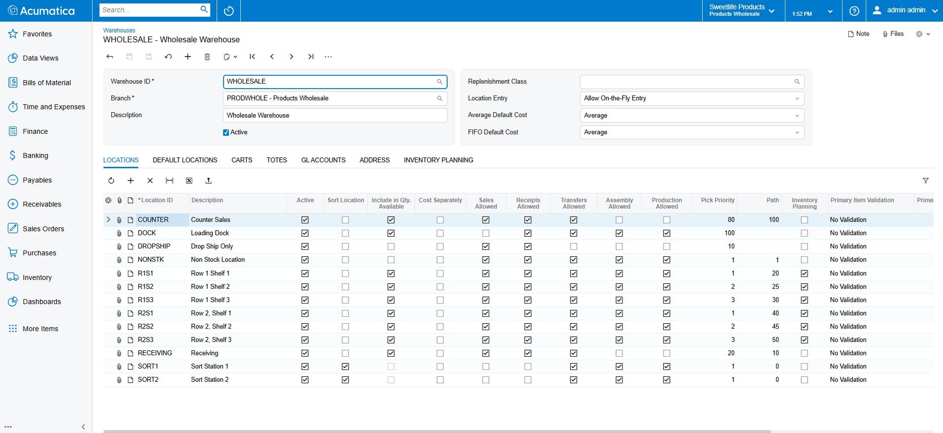 Capture d’écran du produit Acumatica pour montrer les capacités de gestion d’entrepôt d’Acumatica par rapport à QuickBooks