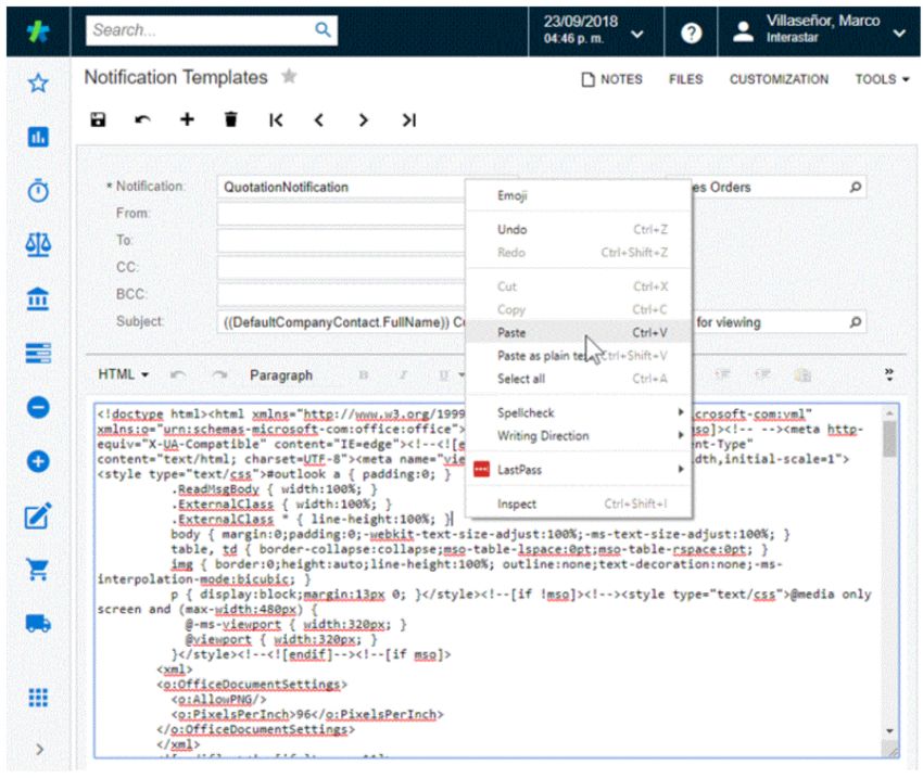 Collage de code HTML dans les modèles de notification.
