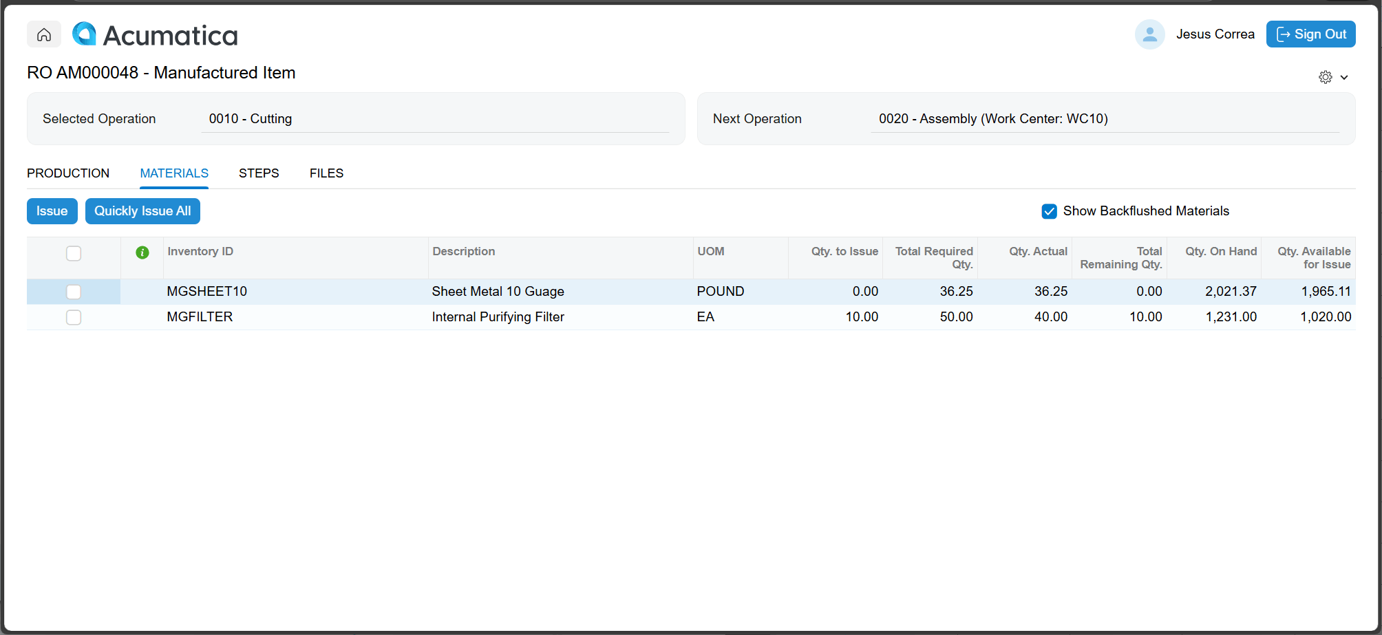 Capture d’écran des transactions de matériaux du kiosque du magasin
