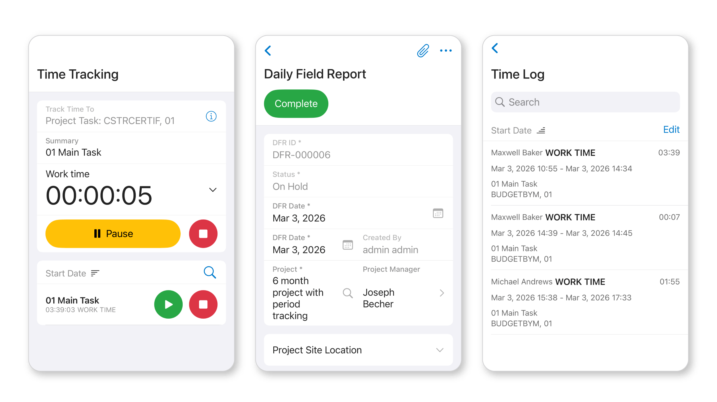 Gestion de projet Capture d’écran des opérations sur le terrain d’Acumatica et mobile